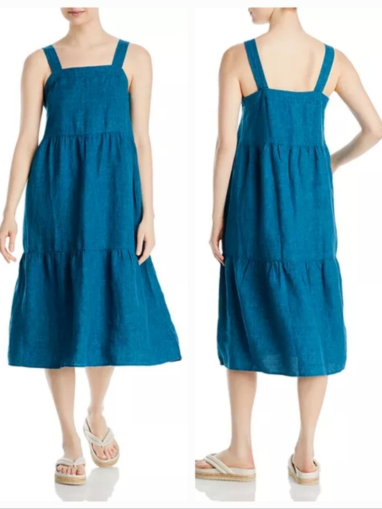 Eileen Fisher Dresses & Skirts - Eileen Fisher XXS Organic Linen Tiered Midi Dress Blue Square Neck Summer Beach
